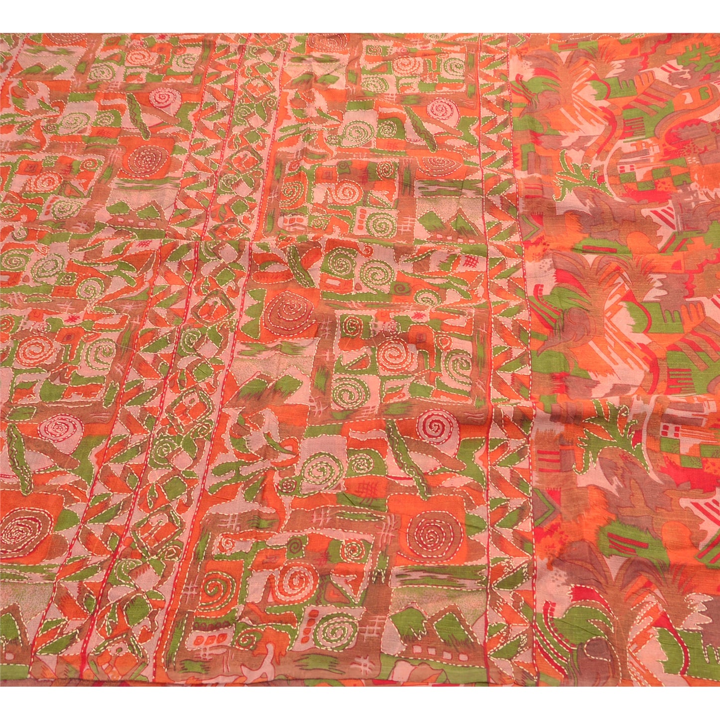 Sanskriti Vintage Sarees Art Silk Hand Embroidery Kantha Sari Peach Craft Fabric