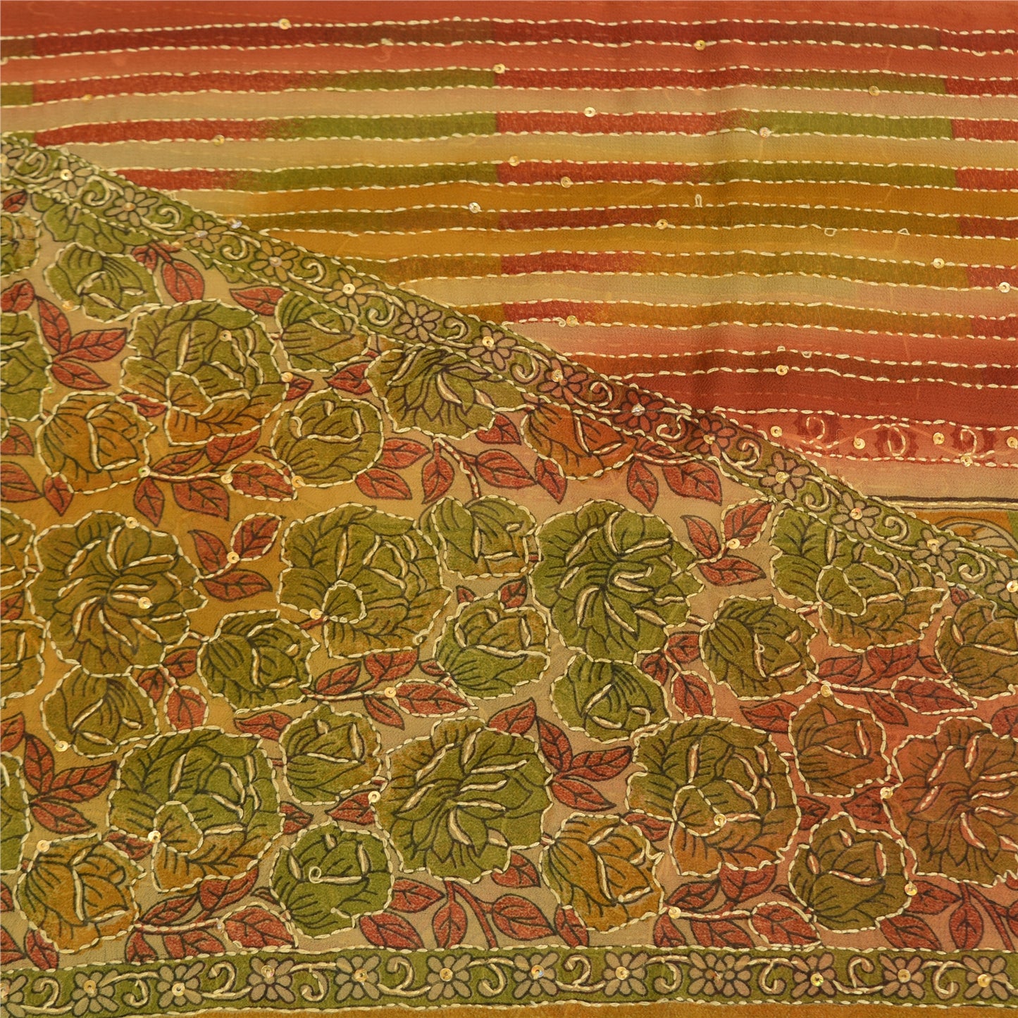 Sanskriti Vintage Sarees Art Silk Hand Beaded Kantha Premium Sari Craft Fabric
