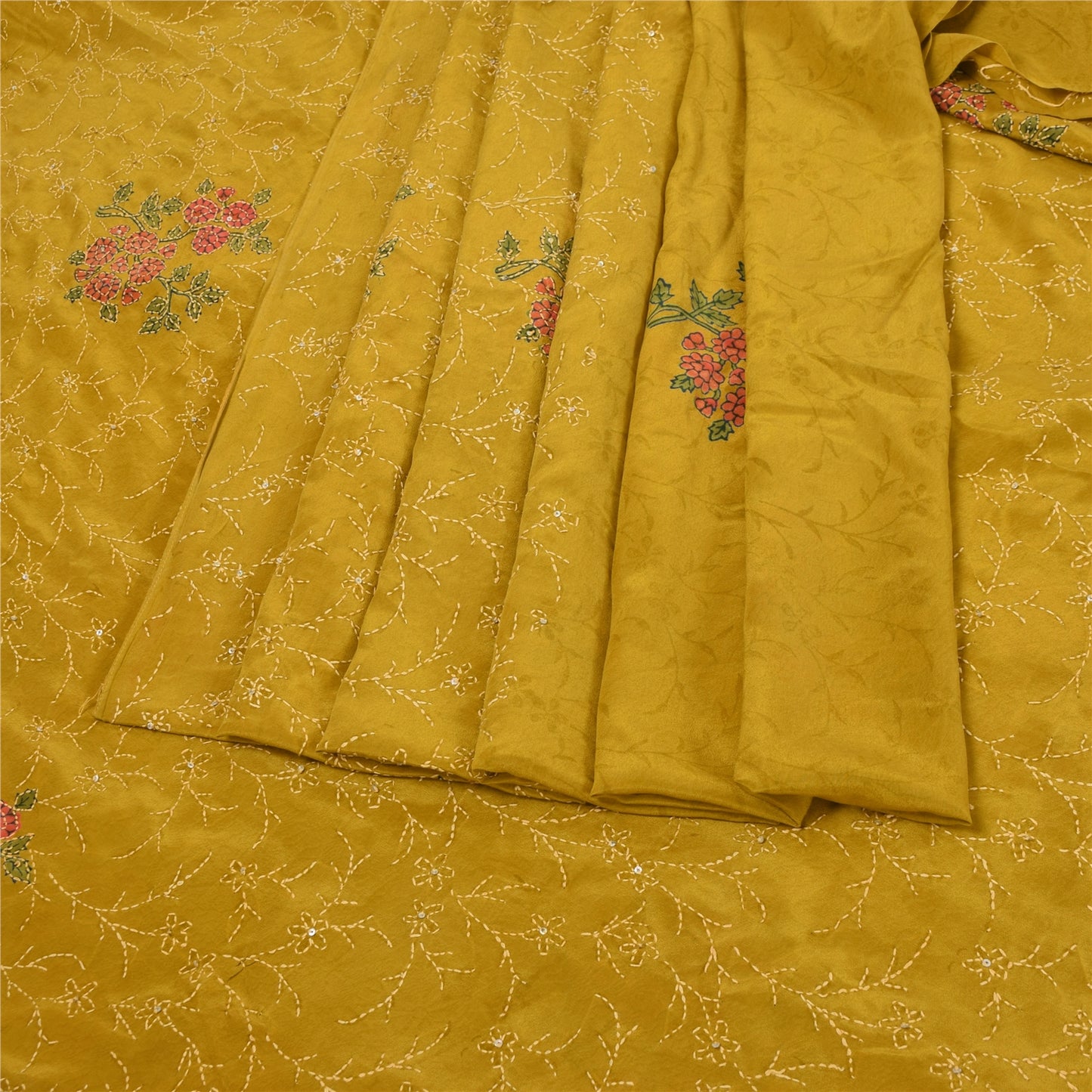 Sanskriti Vintage Green Sarees Pure Crepe Hand Beaded Kantha Sari Craft Fabric
