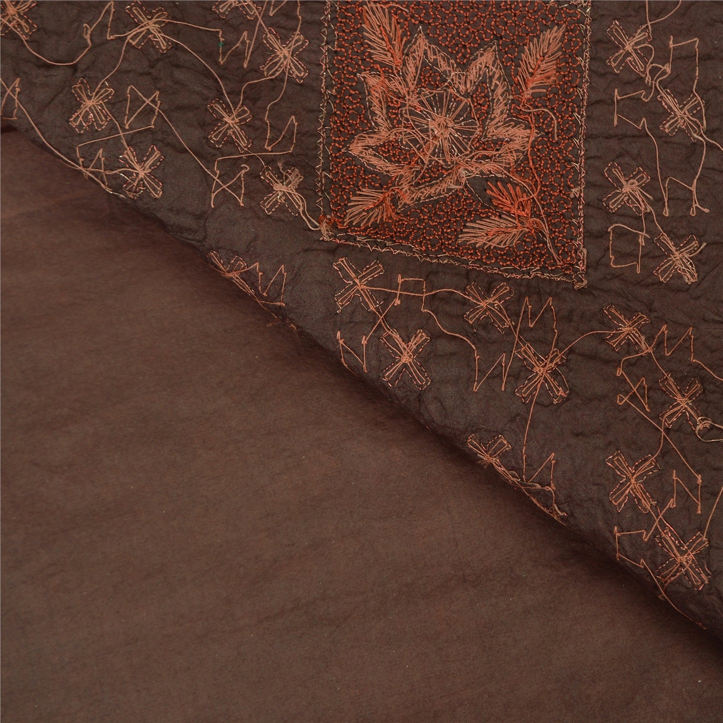 Sanskriti Vintage Brown Sarees Pure Silk Hand Bead Zardozi Craft Fabric 5+YDSari