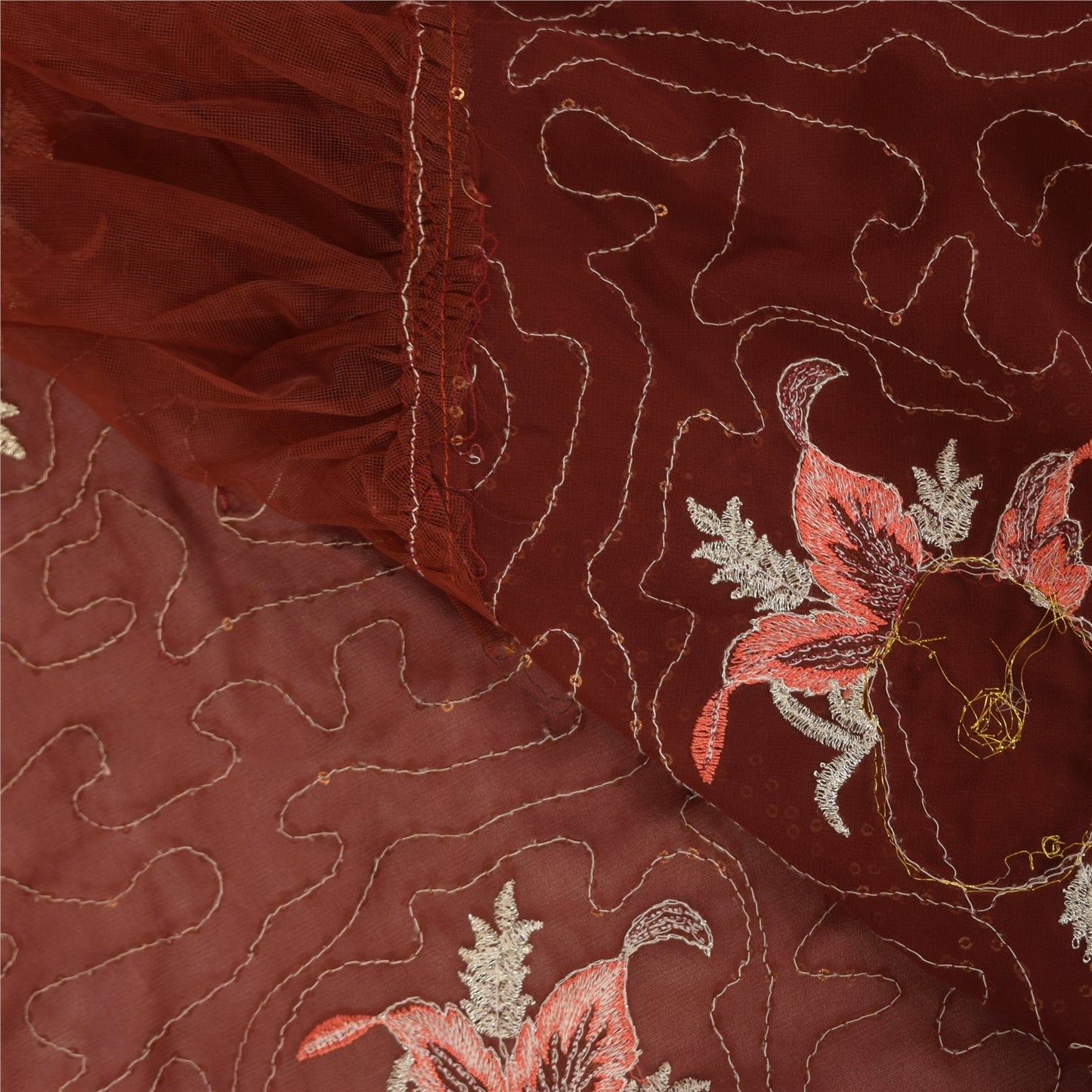 Sanskriti Vintage Brown Saree Georgette Hand Beaded Craft Fabric Premium Sari