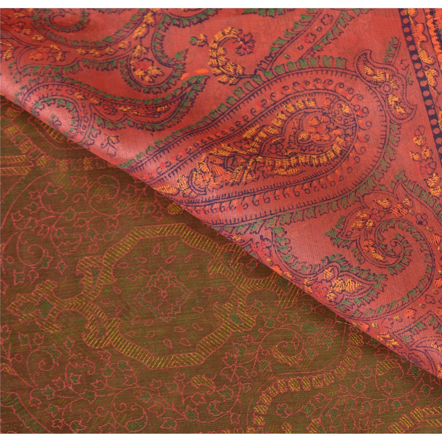 Sanskriti Vintage Painted Cotton Silk Sari Fabric: Green & Pink Floral Paisley, 5 Yd Add-Elegance to Table Linen, Curtains, or Cushions