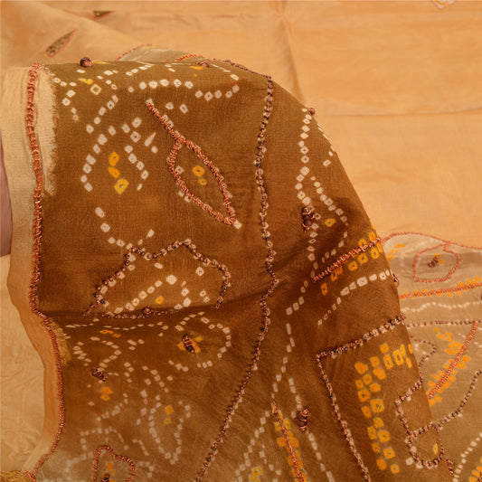 Sanskriti Vintage Sarees 100% Pure Silk Hand Beaded Craft 5 YD Fabric Brown Sari