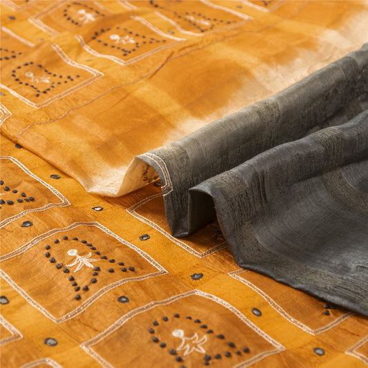 Sanskriti Vintage Sarees Gray & Yellow Pure Silk Hand Embroidery Sari 5+YDFabric