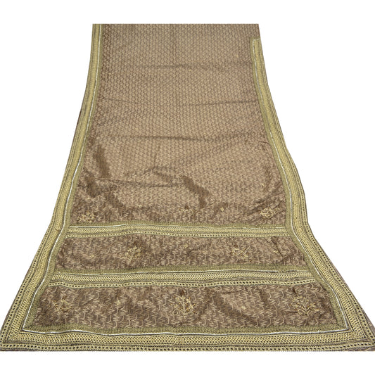 Sanskriti Vintage Brown Saree Net Mesh Hand Beaded Woven Fabric Sari