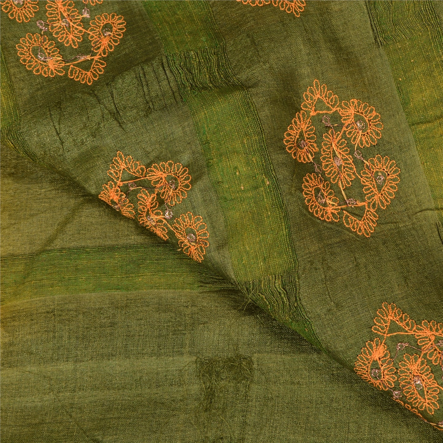 Sanskriti Vintage Green/Saffron Saree Pure Silk Hand Embroidered Fabric Sari