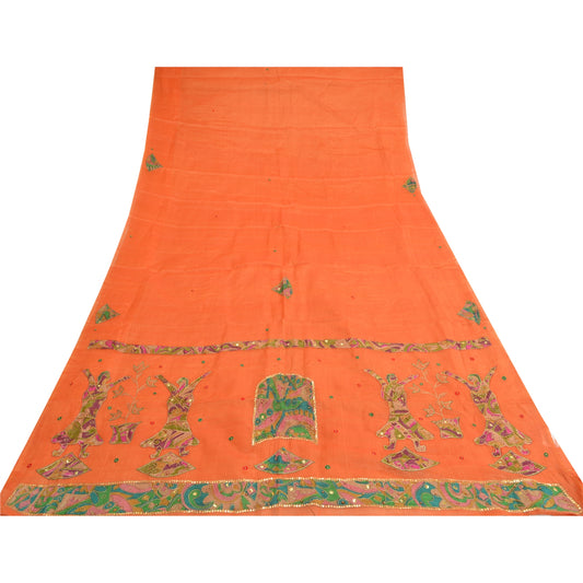 Sanskriti Vintage Orange Saree Pure Cotton Hand Beaded Fabric Craft Sari