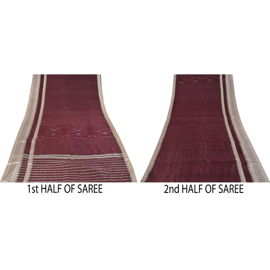 Sanskriti Vintage Indian Maroon Pure Silk Sarees Ikat Woven Craft Fabric Sari