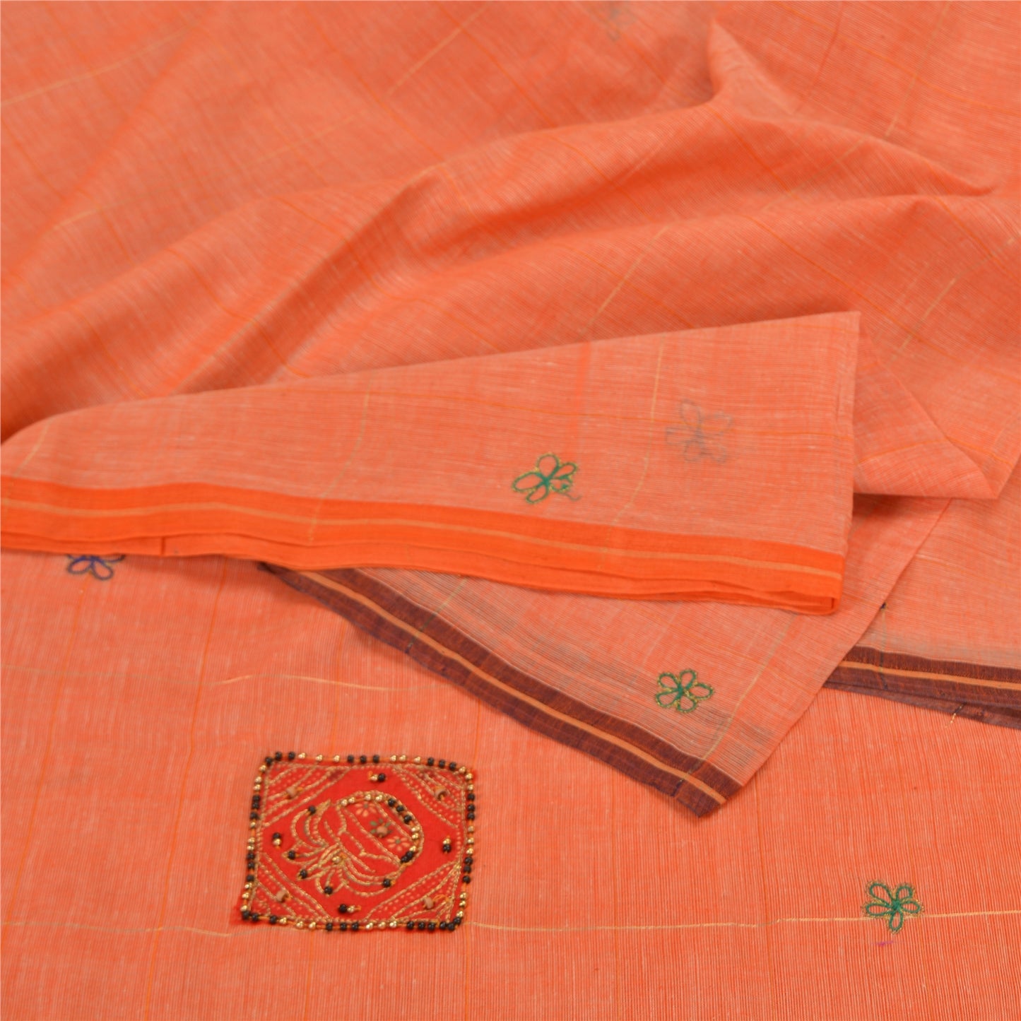 Sanskriti Vintage Orange Sarees Pure Cotton Hand Beaded Fabric Craft Sari
