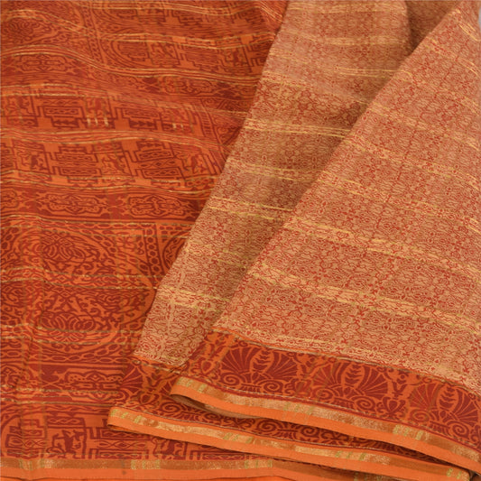 Sanskriti Vintage Indian Orange Saree Pure Cotton Woven Premium Sari 5yd Fabric
