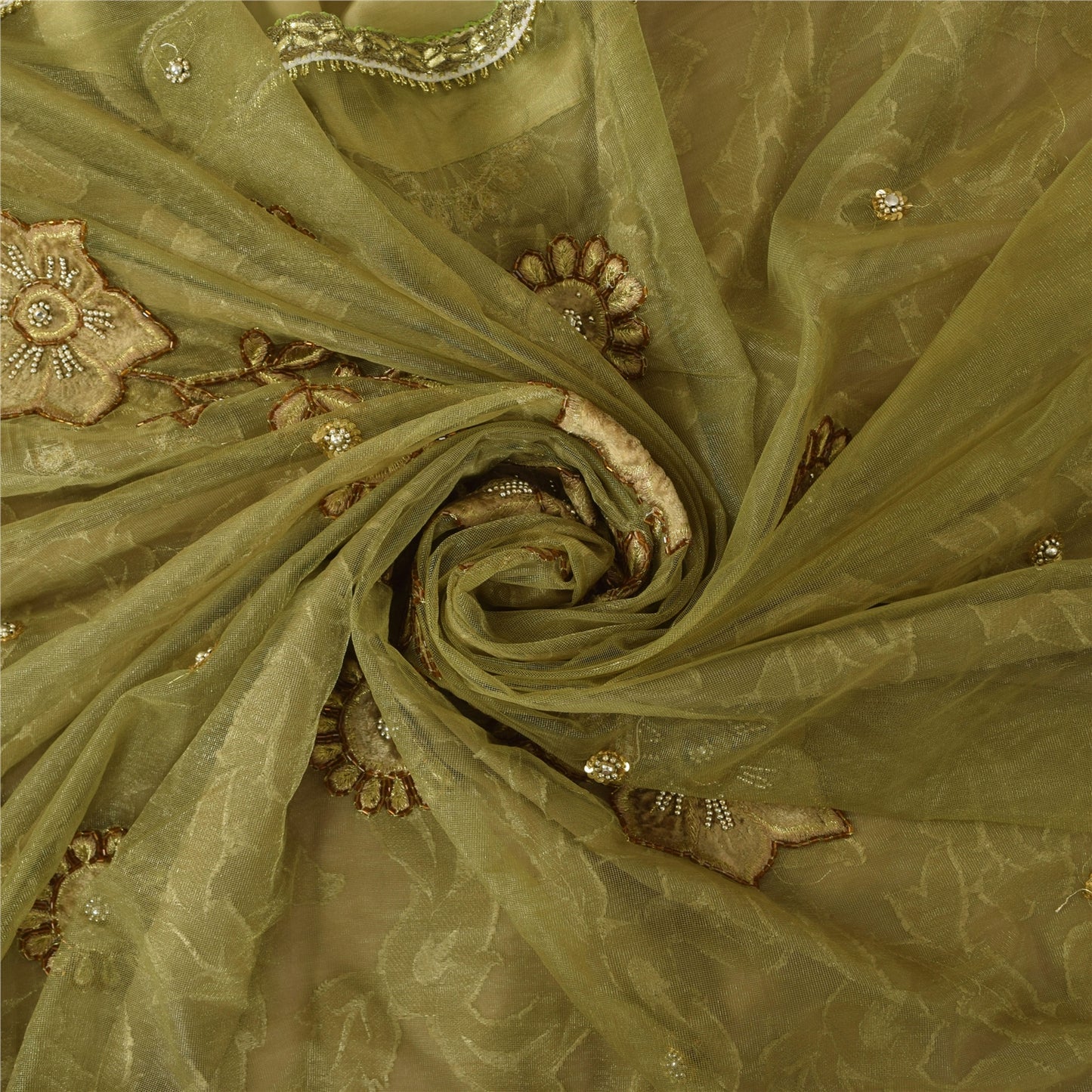Sanskriti Vintage Green Sarees Net/Georgette Hand Bead Woven Sequins Fabric Sari