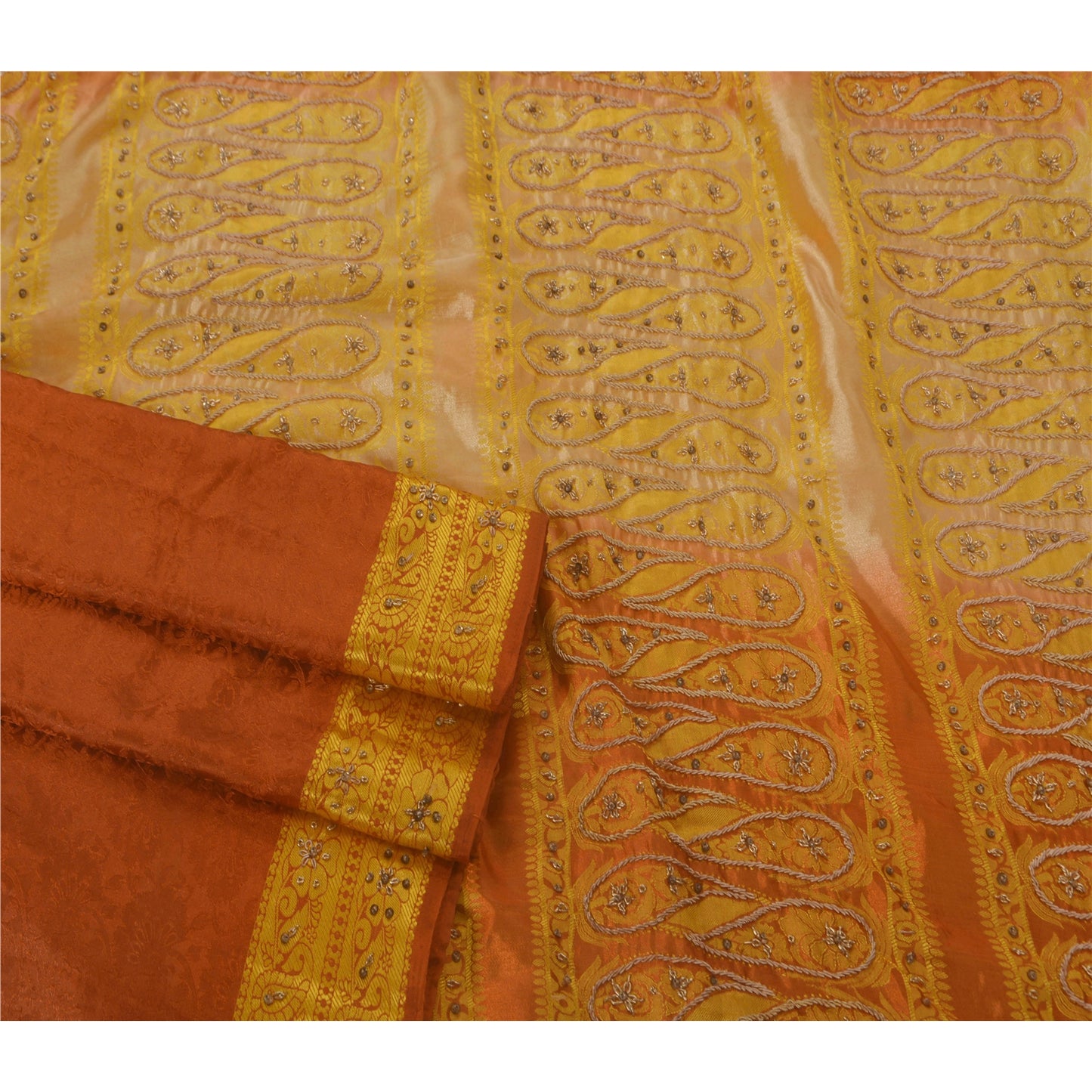 Vintage Orange Saree Art Silk Hand Beaded Craft 5 YD Fabric Ethnic Sari