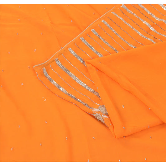 Sanskriti Vintage Neon Orange Pure Georgette Silk Sari Fabric: Hand Beaded Vintage Craft Crafters & Upcyclers, Indian Eco-Friendly Fabric