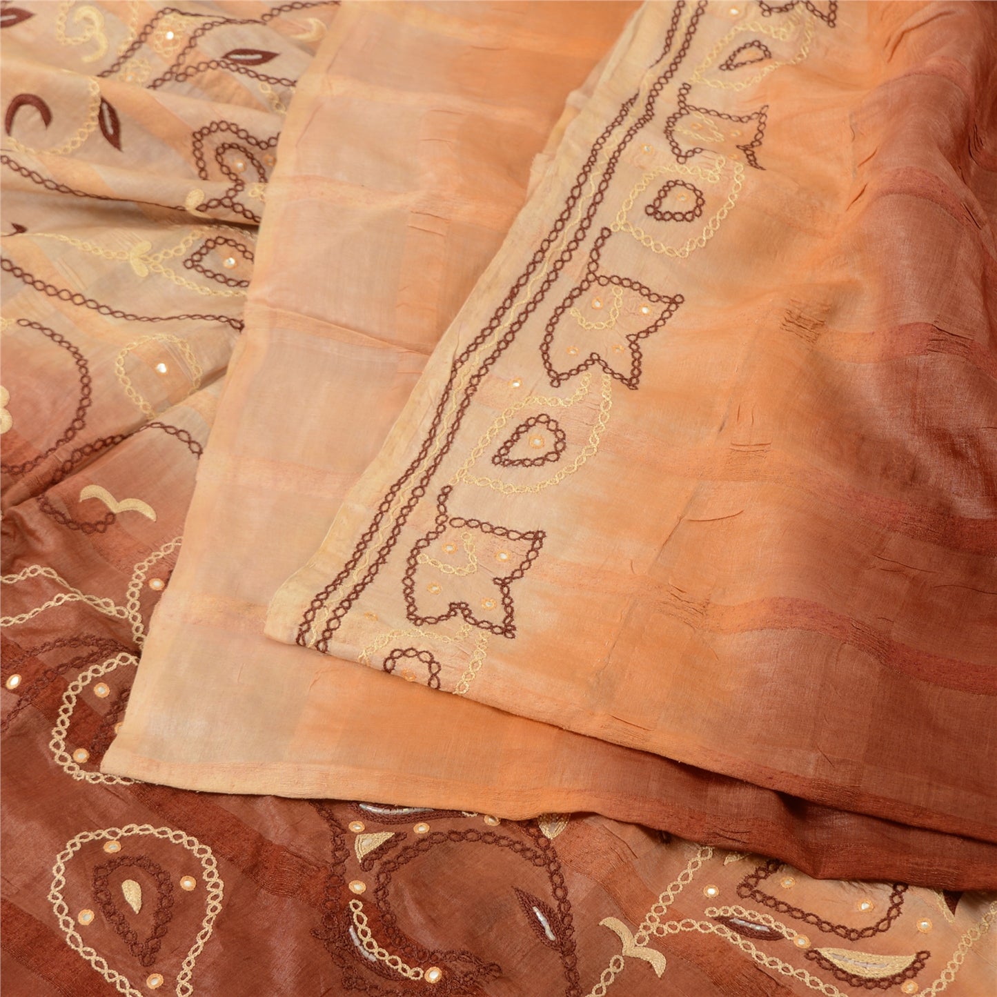 Sanskriti Vintage Brown Sarees Pure Silk Hand Beaded Mirror Sari Craft Fabric