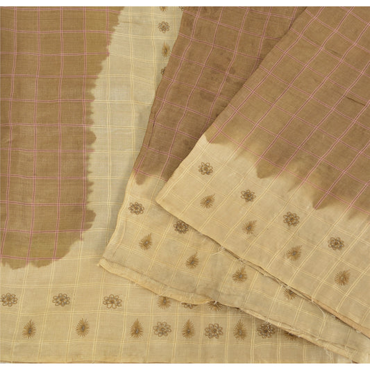 Sanskriti Vintage Brown/Cream Sarees Pure Silk Hand Beaded Sari 5yd Craft Fabric