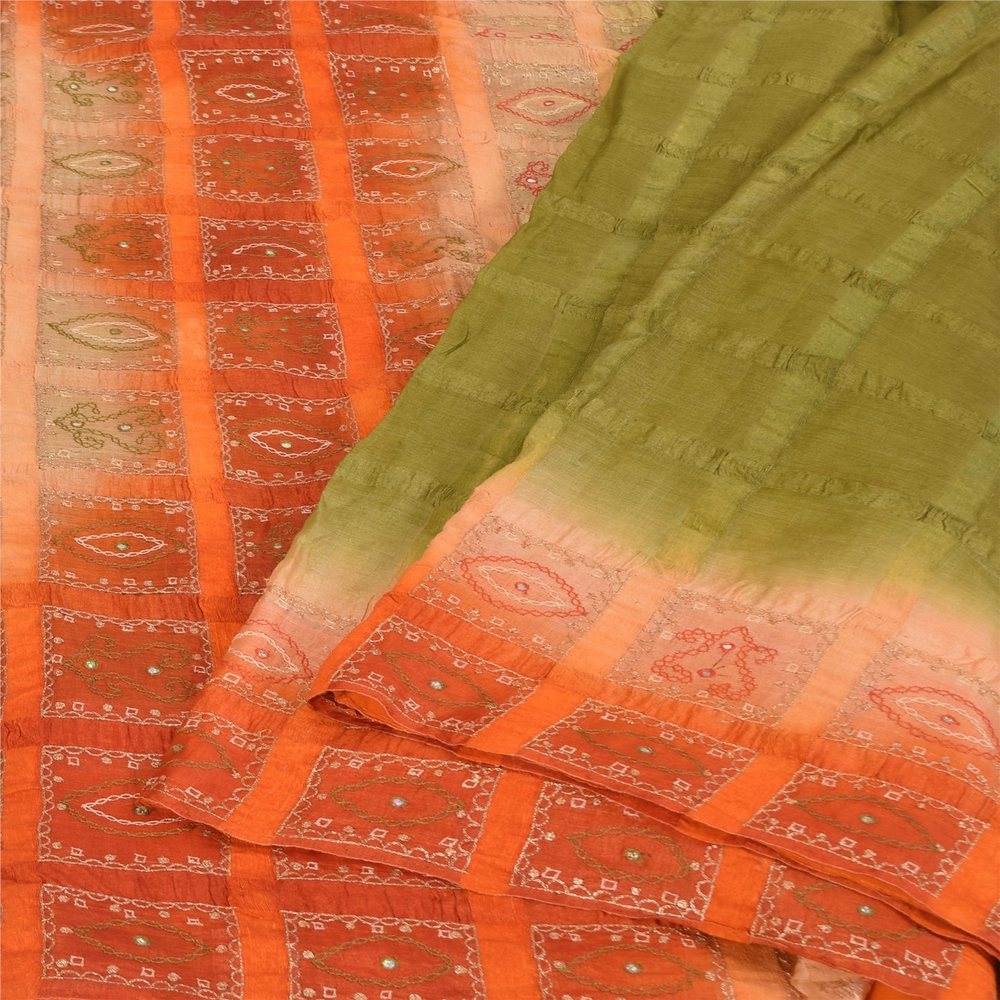 Sanskriti Vintage Green Sarees 100% Pure Silk Hand Embroidered Craft Fabric Sari