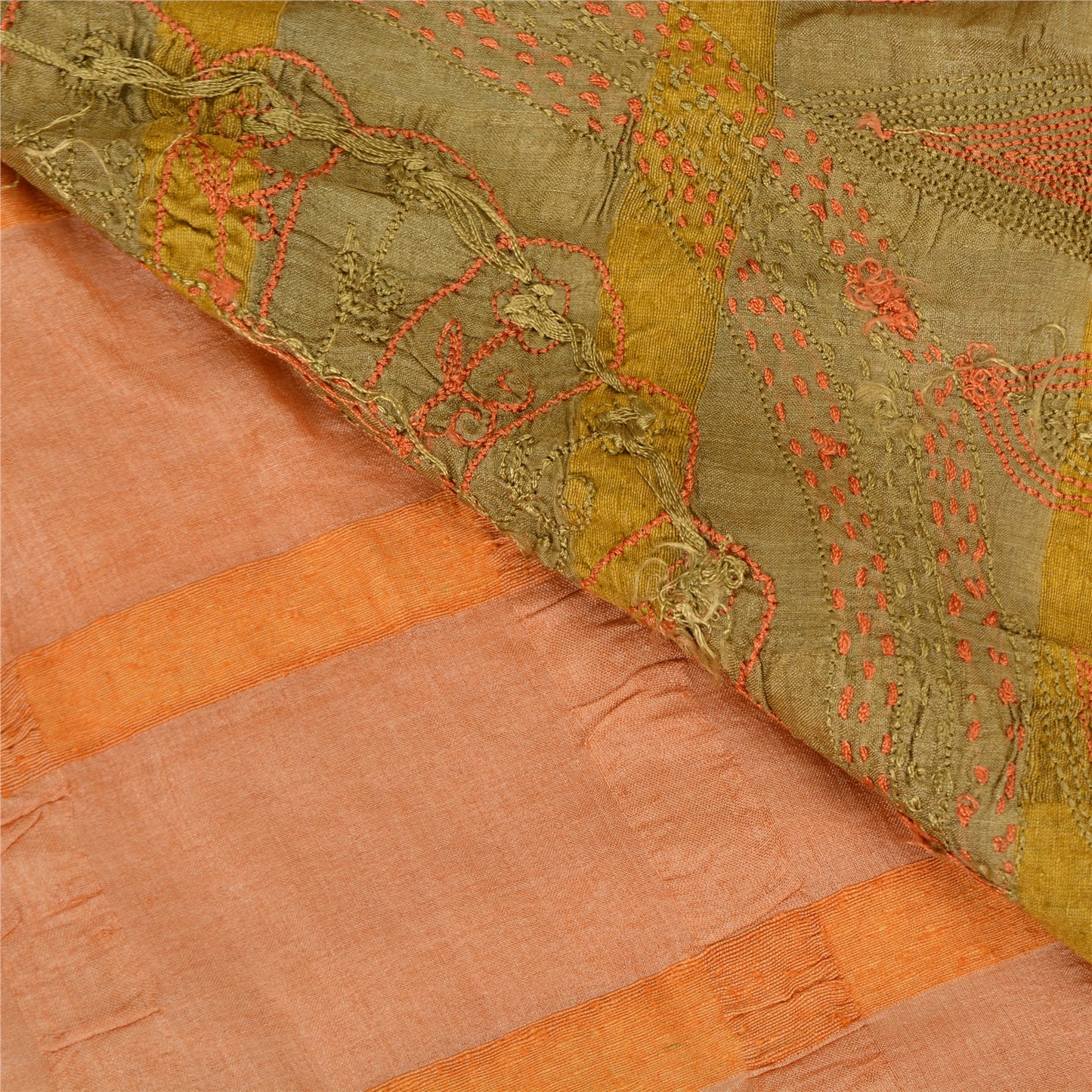 Sanskriti Vintage Fersken/Grøn Sari Ren Silke Håndbroderet Bæredygtigt Stoff Håndlavet Sari