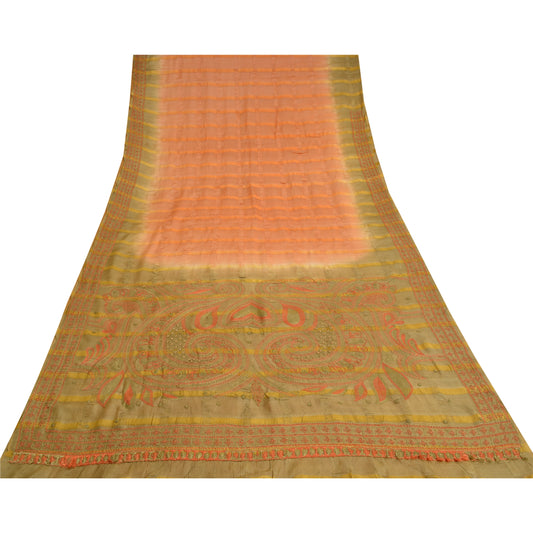 Sanskriti Vintage Peach/Green Saree Pure Silk Hand Embroidered Sustainable Fabric Craft Sari