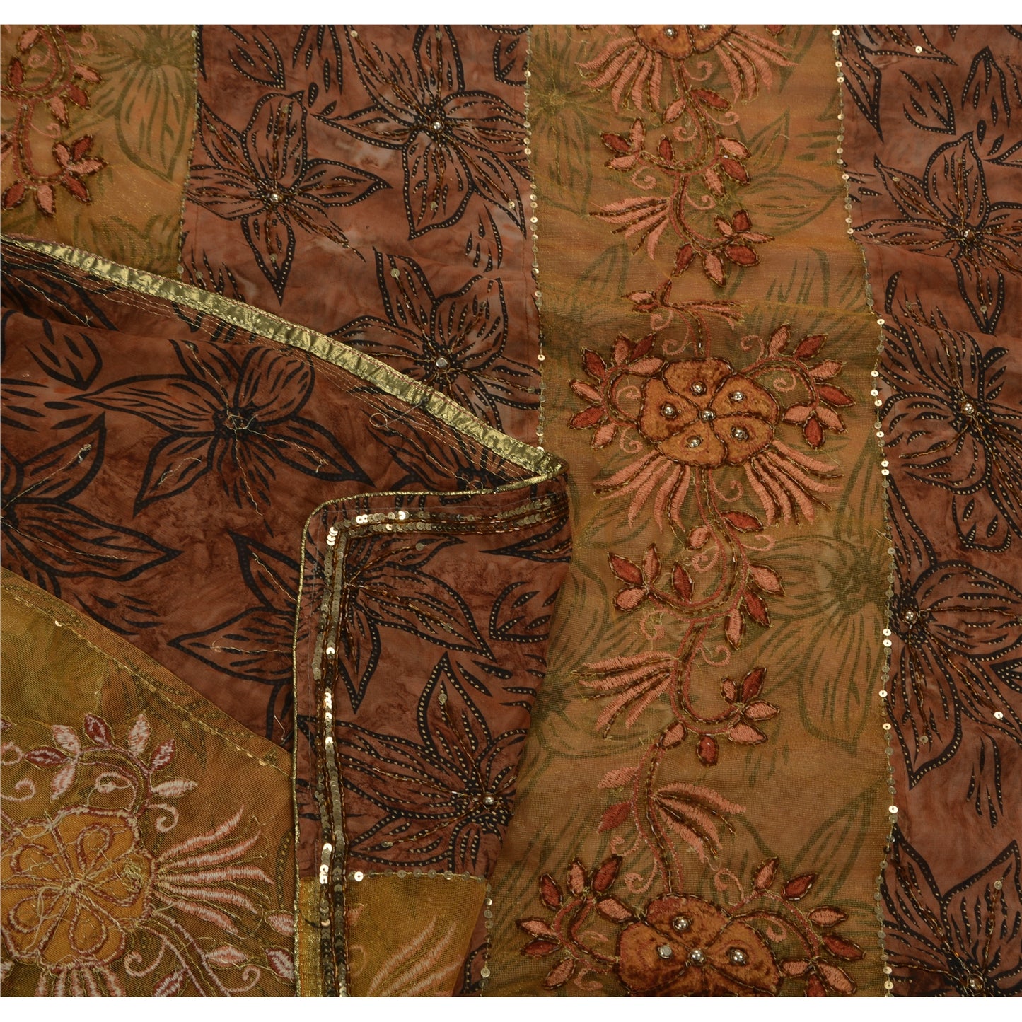 Sanskriti Vintage Indian Brown Sarees Georgette Hand Beaded Craft Fabric Sari