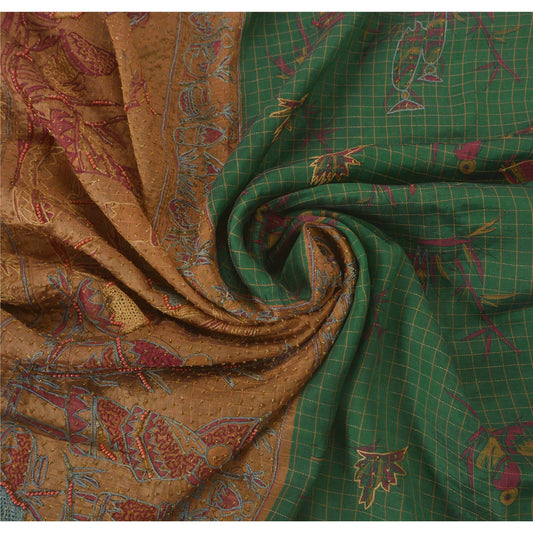 Vintage Green Sarees Art Silk Hand Beaded Craft Fabric Premium Sari