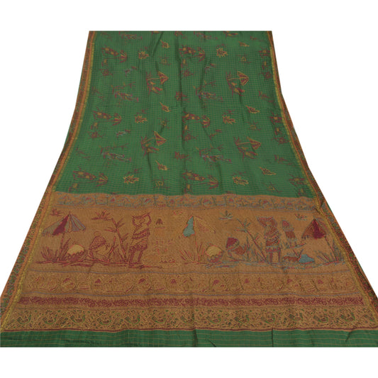 Sanskriti Vintage Green Sarees Art Silk Hand Beaded Craft Fabric Premium Sari