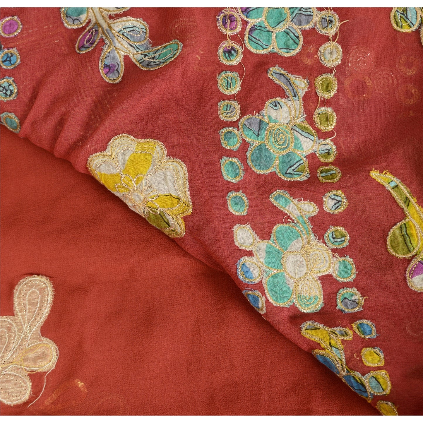 Sanskriti Vintage Red Sarees Pure Georgette Zardozi Hand Beaded Sari 6YD Fabric