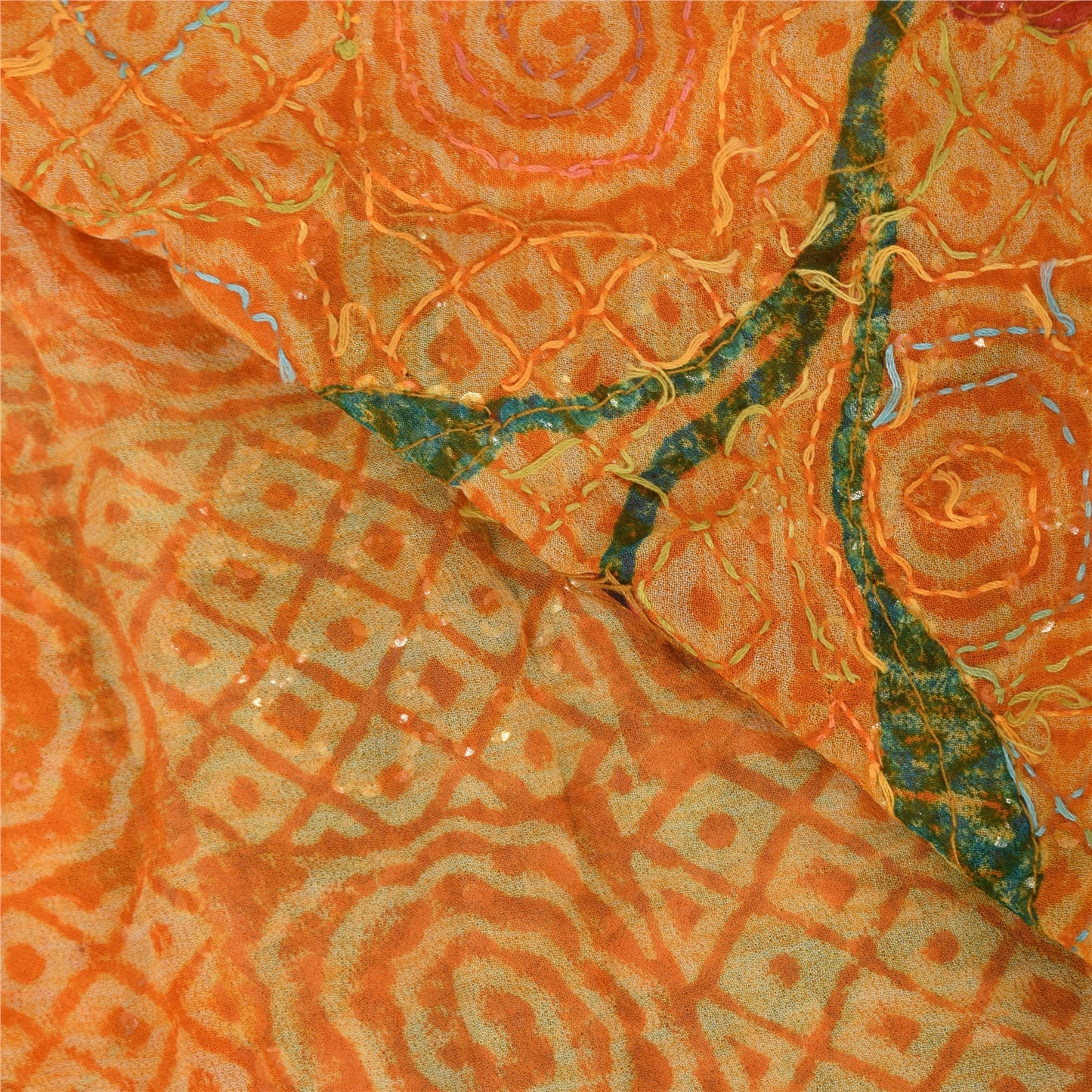 Sanskriti Vintage Yellow Saree Pure Georgette Hand Beaded Kantha Sari 5yd Fabric