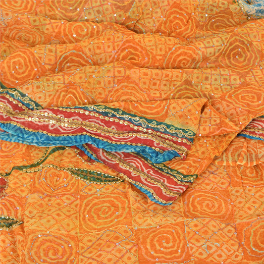 Sanskriti Vintage Yellow Saree Pure Georgette Hand Beaded Kantha Sari 5yd Fabric