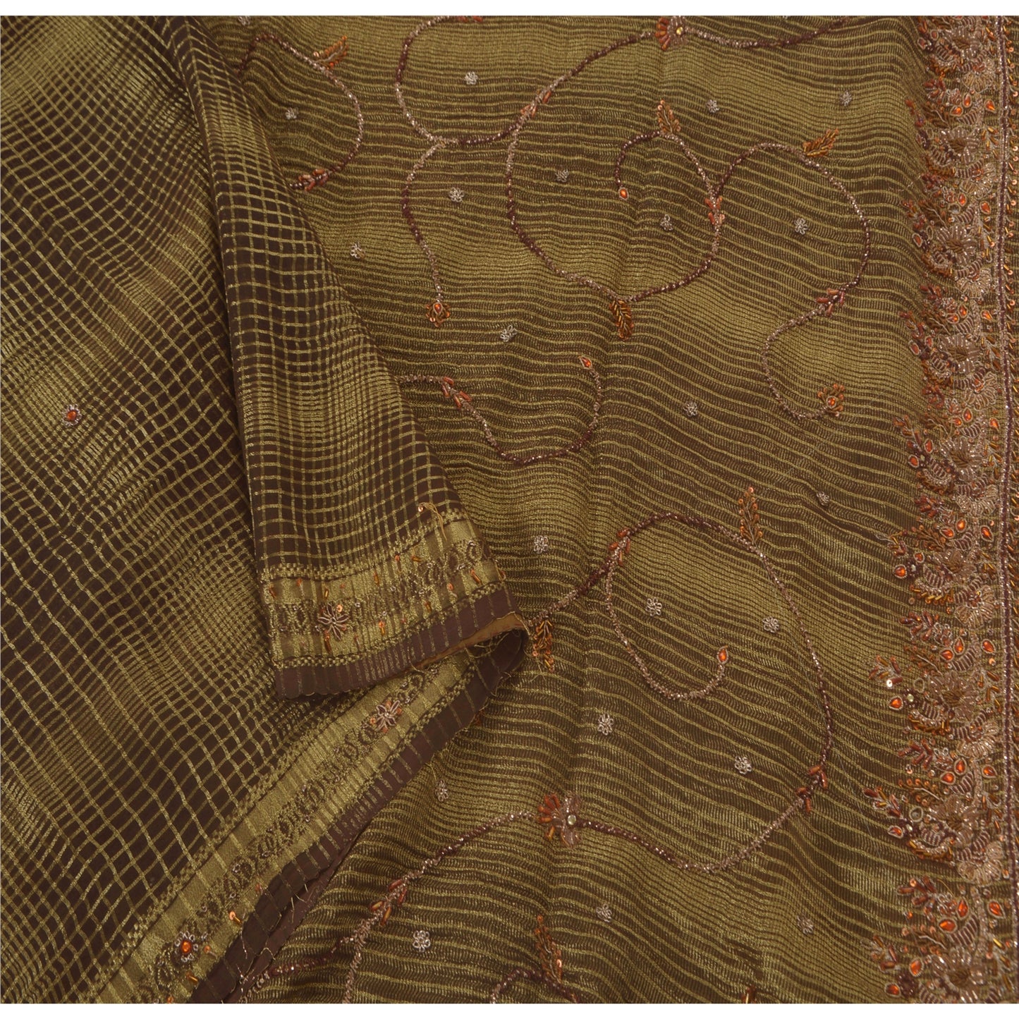 Sanskriti Vintage Brown Sarees Georgette Hand Beaded Woven Fabric Premium Sari