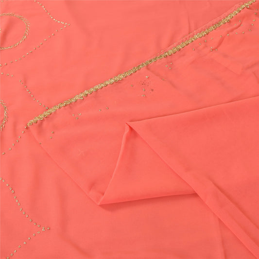 Sanskriti Vintage Peach Sarees Georgette Hand Beaded Premium Sari Craft Fabric