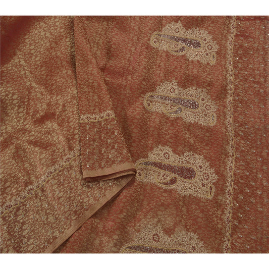 Sanskrit Vintage Dark Red Saree Tissue Hand Beaded Woven Craft Fabric Sari Zari