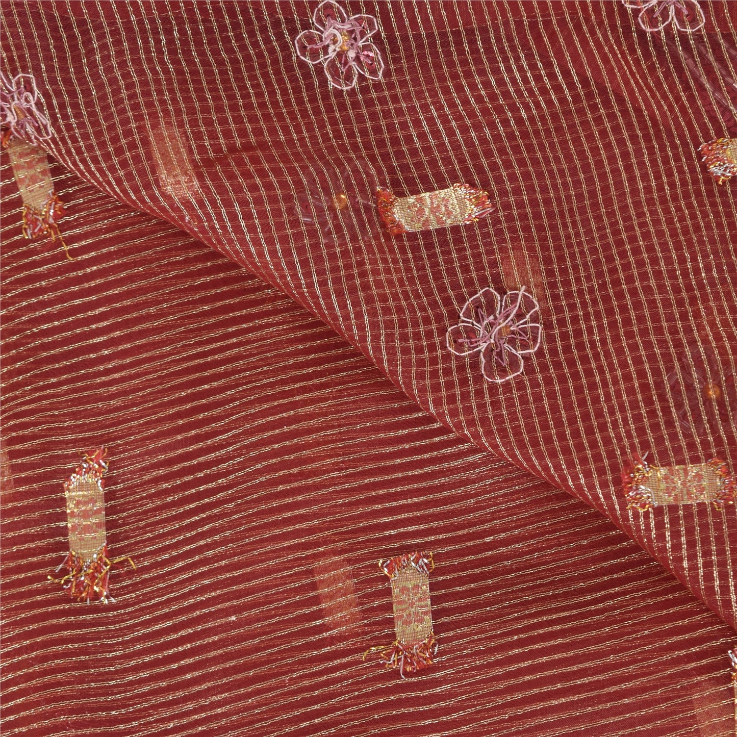 Sanskriti Vintage Sari Organza Dark Red Sarees Hand Bead Woven 5Yd Craft Fabric Assorted Scraps, Upcycled Remnant Fabric