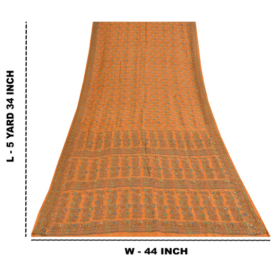 Sanskriti Vintage Orange Sarees 100%Pure Silk Hand Beaded Woven Sari 5+yd Fabric