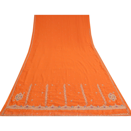 Sanskriti Vintage Orange Saree Pure Georgette Silk Hand Beaded Sustainable Fabric Sari