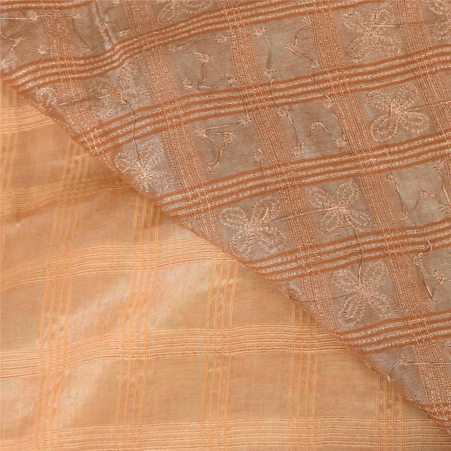 Sanskriti Vintage Sarees Pure Silk Hand Embroidery Peach & Brown Fabric 5+YDSari