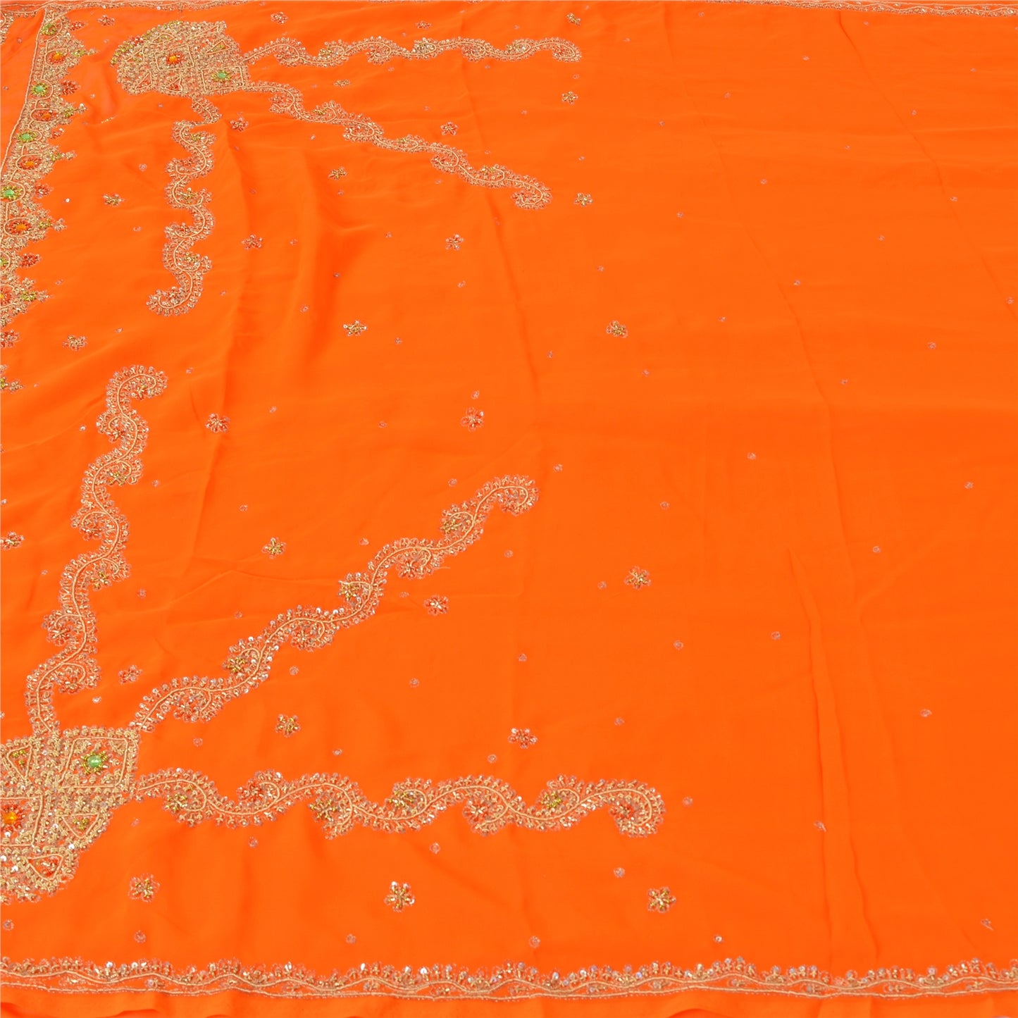 Sanskriti Vintage Orange Sarees Georgette Hand Beaded Craft Fabric Premium Sari