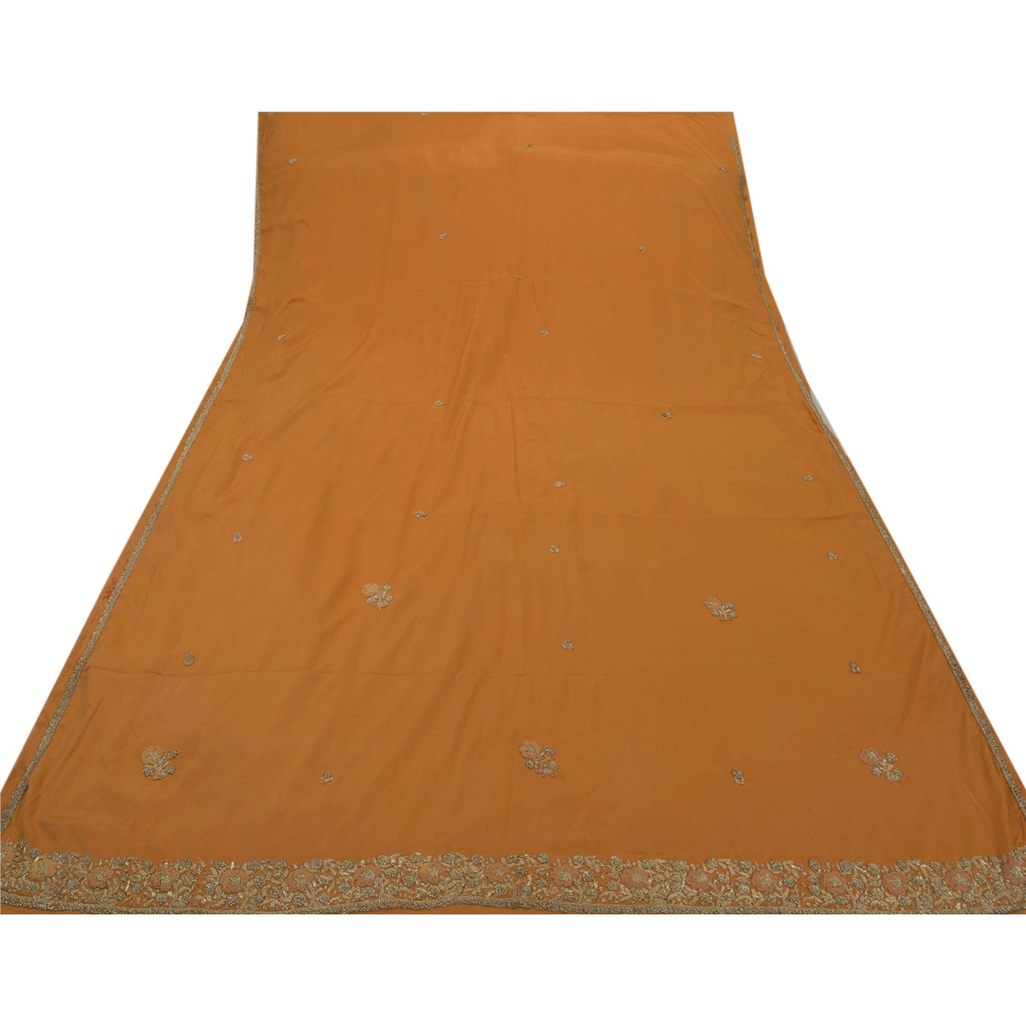 Sanskriti Vintage Indian Saree Art Silk Hand Embroidery Orange Sustainable Fabric Zari Sari
