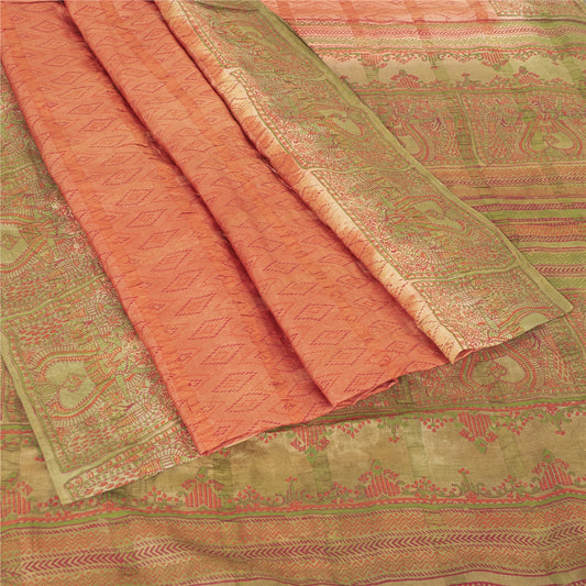 Sanskriti Vintage Peach Sarees Pure Silk Block Printed Premium Sari 5+YD Fabric
