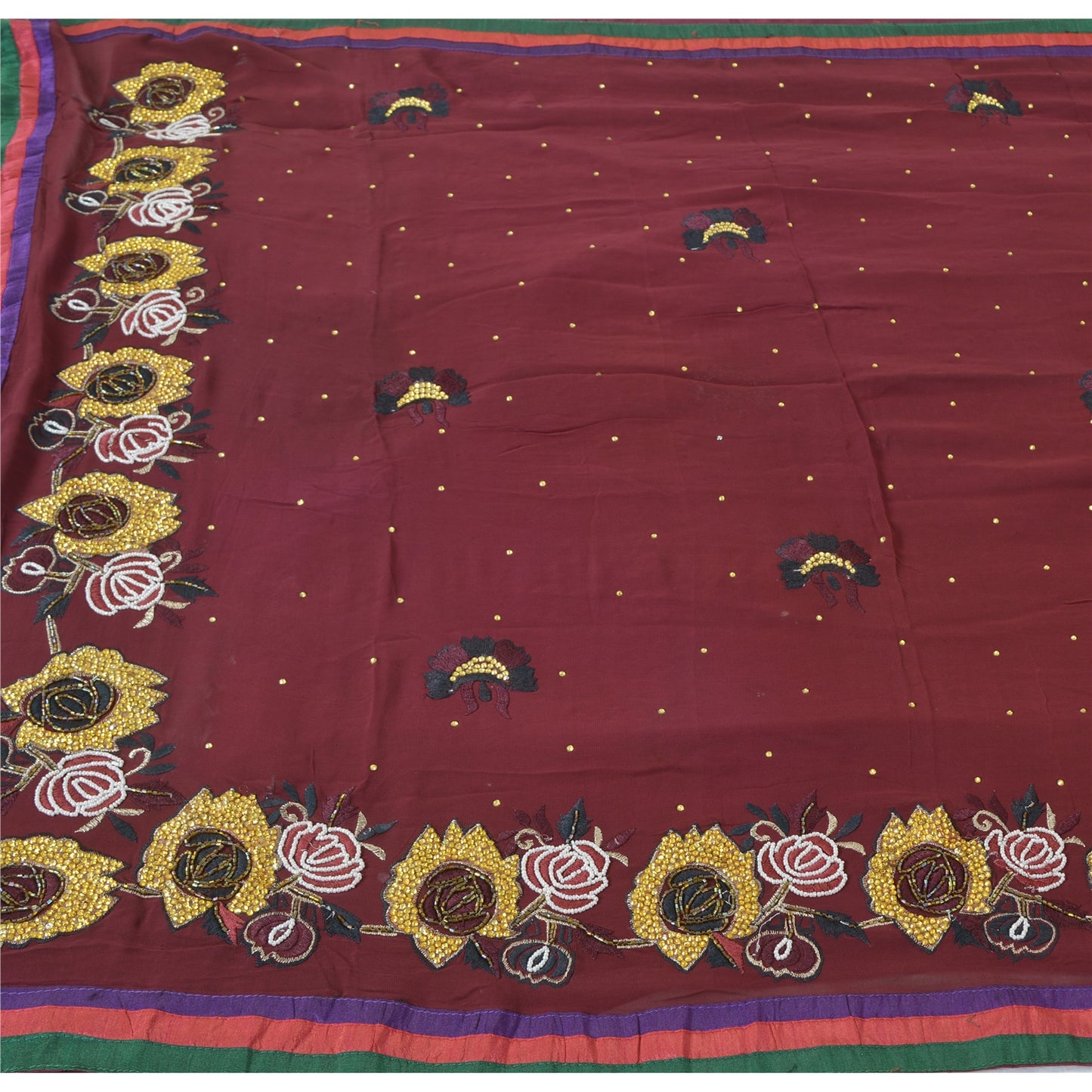 Sanskriti Vintage Sari 100% Pure Georgette Silk Purple Hand beaded Rhinestone Crafters, Upcyclers, Indian Eco-Friendly 5Yd Craft Fabric
