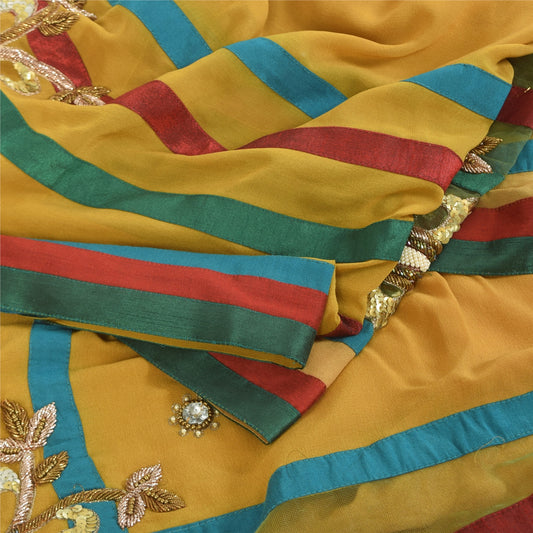 Sanskriti Vintage Yellow Sarees Pure Georgette Hand Beaded Craft Fabric 5yd Sari