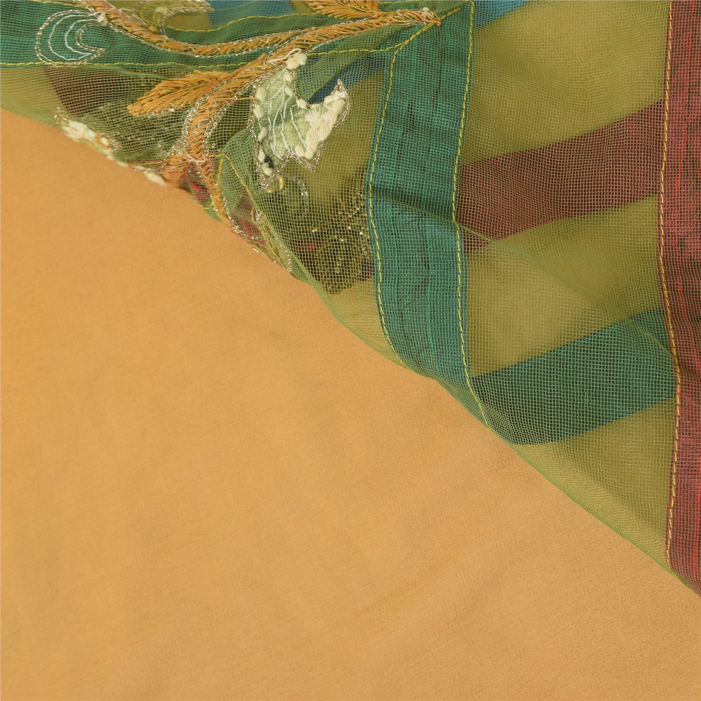 Sanskriti Vintage Yellow Sarees Pure Georgette Hand Beaded Craft Fabric 5yd Sari