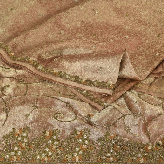 Sanskriti Vintage Indian Brown Sarees Tissue Hand Beaded Ethnic 5yd Craft Fabric