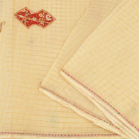 Sanskriti Vintage Cream Sarees Blend Silk Hand Beaded Craft Fabric Premium Sari