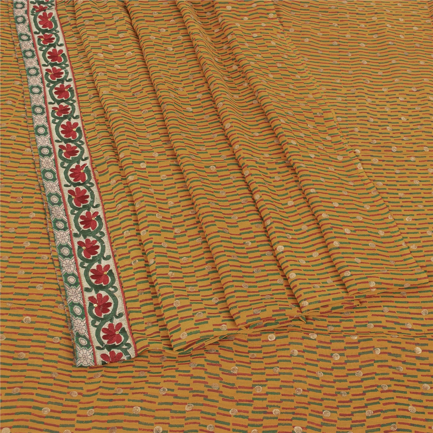 Sanskriti Vintage Mustard Sarees Blend Georgette Embroidered Sari Craft Fabric