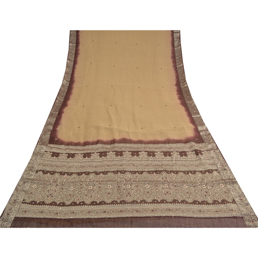 Sanskriti Vintage Cream Sarees Pure Georgette Hand Beaded Brocade Sustainable Fabric Sari