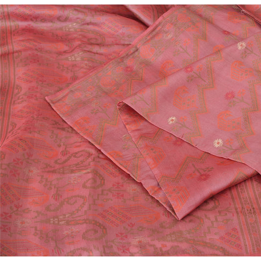 Sanskriti Vintage Pink Sarees Pure Silk Hand Woven Jamdani Sari 6yd Craft Fabric