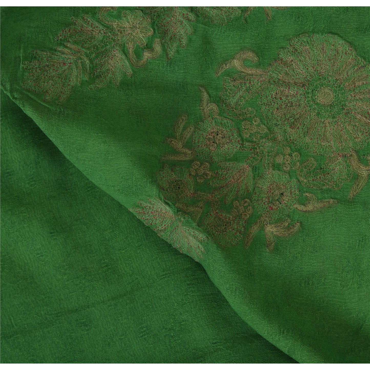Sanskriti Vintage Green Sarees Pure Chiffon Silk Hand Embroidered Sari Fabric