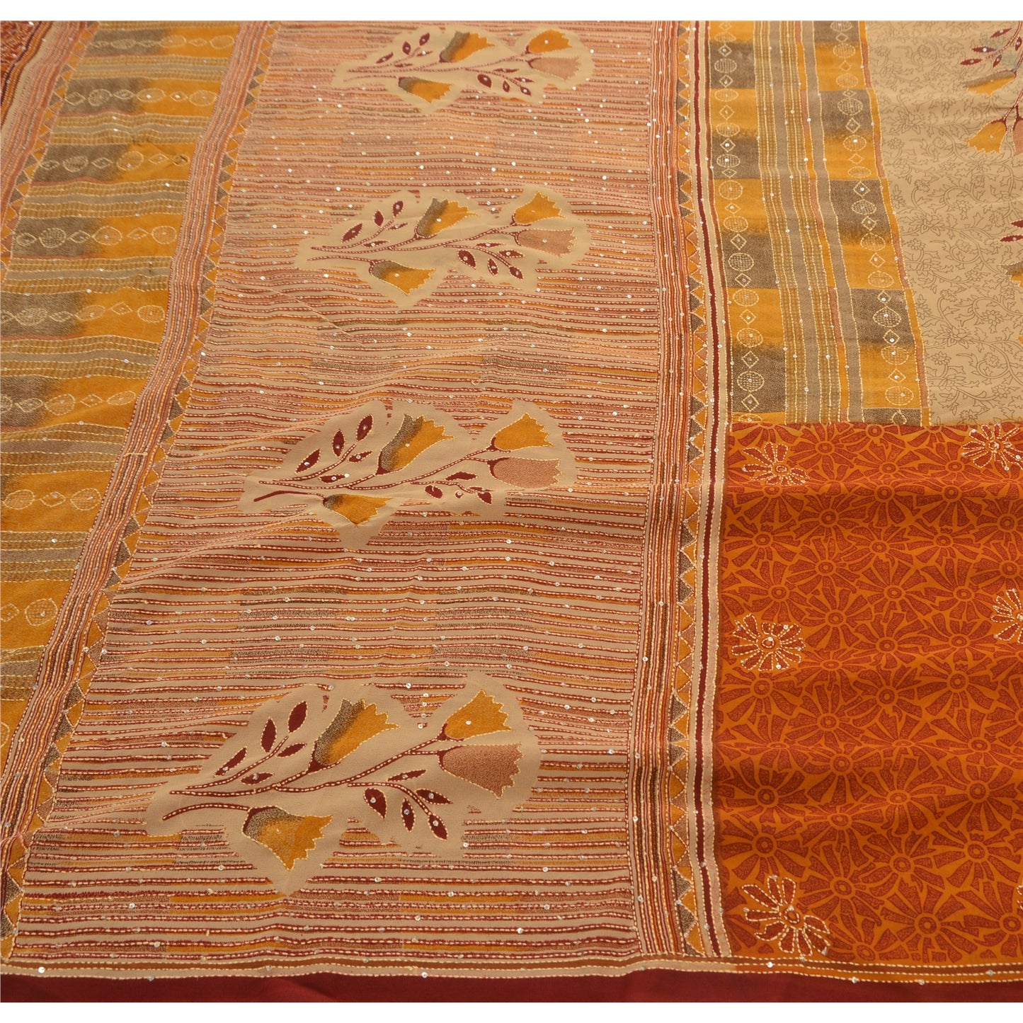 Sanskriti Vintage Sarees Georgette Hand Embroidered Fabric Kantha Premium Sari