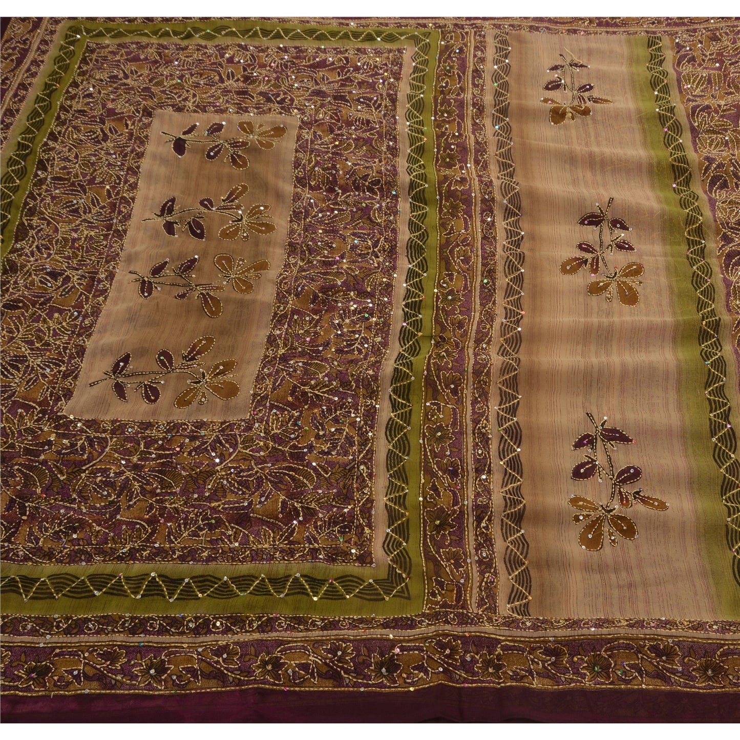 Vintage Indian Sarees Georgette Hand Embroidered Fabric Kantha Premium Sari