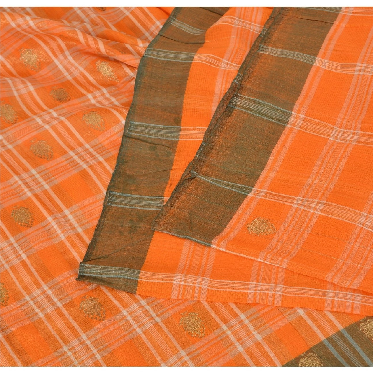 Sanskriti Vintage Indian Saree 100% Pure Cotton Woven Craft Sustainable Fabric Orange Sari